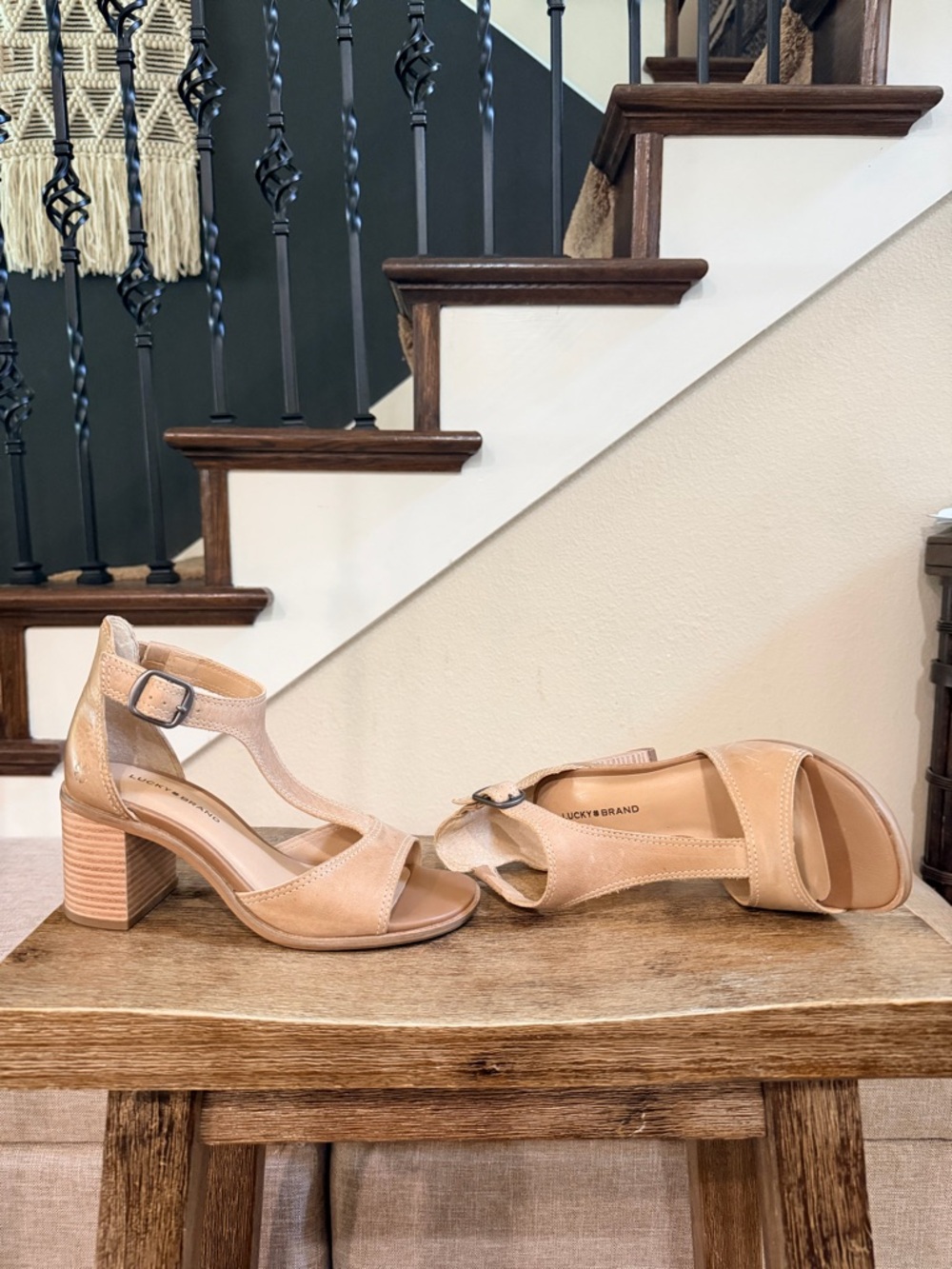 Lucky Brand Nude/Tan T-Strap Block Heel Sandals